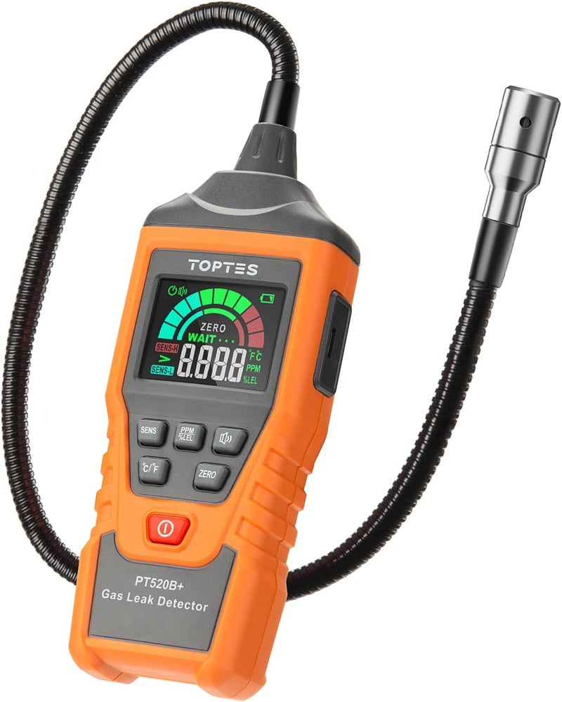 TOPTES Rechargeable Gas Leak Detector, PT520B+ Natural Gas Leak Detector with a 17-inch Probe to Situate Gas Leaks for Propane, Natural Gas, Methane, LPG in RV or Home, Measuring PPM or%LEL - Orange - Image 1